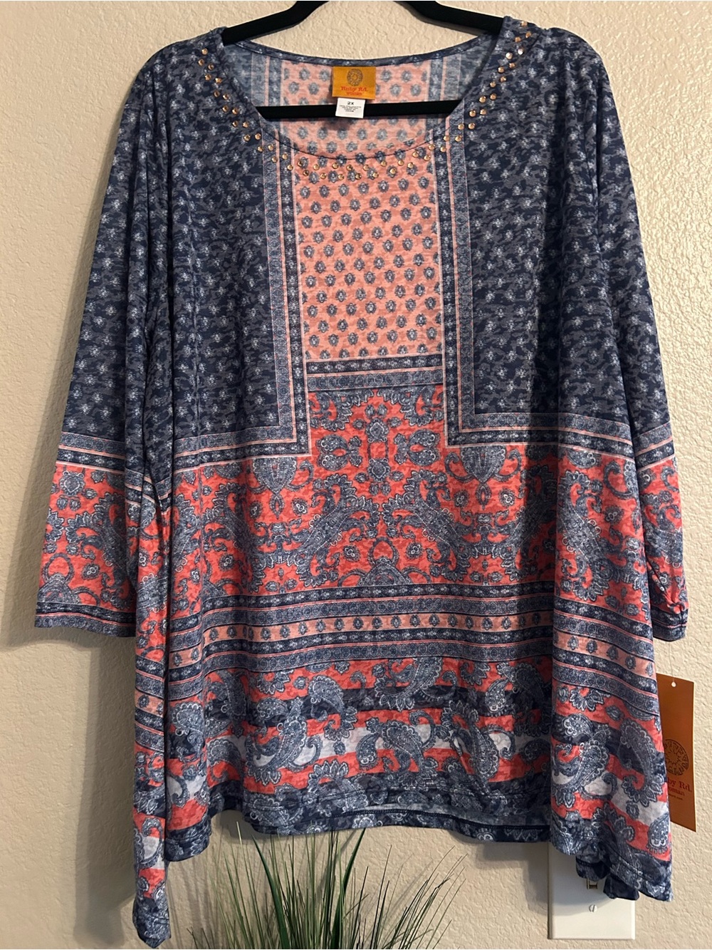 Ruby Rd. Navy and Coral Paisley Print Tunic with Studded Scoop Neck